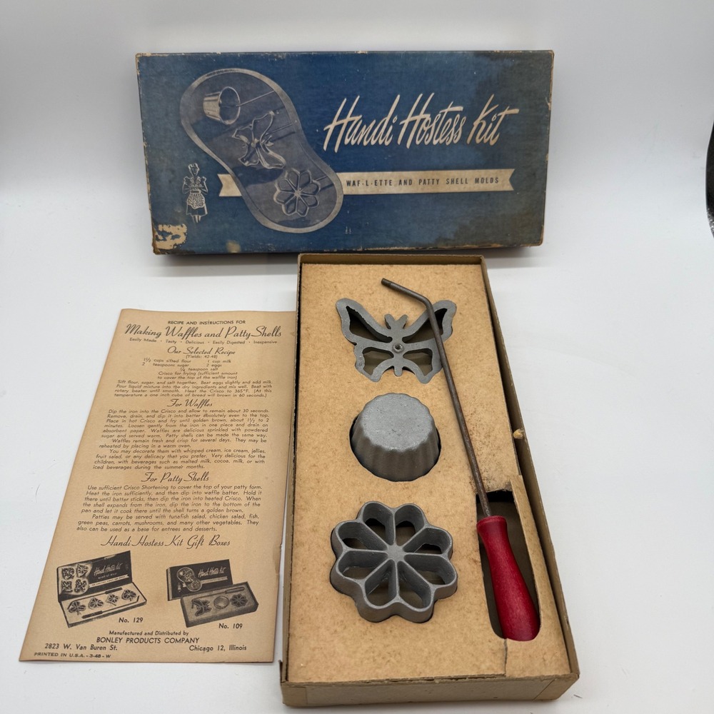 Vintage 1948 Handi Hostess Kit No 109 Rosette Waffle Patty Shell Molds USA